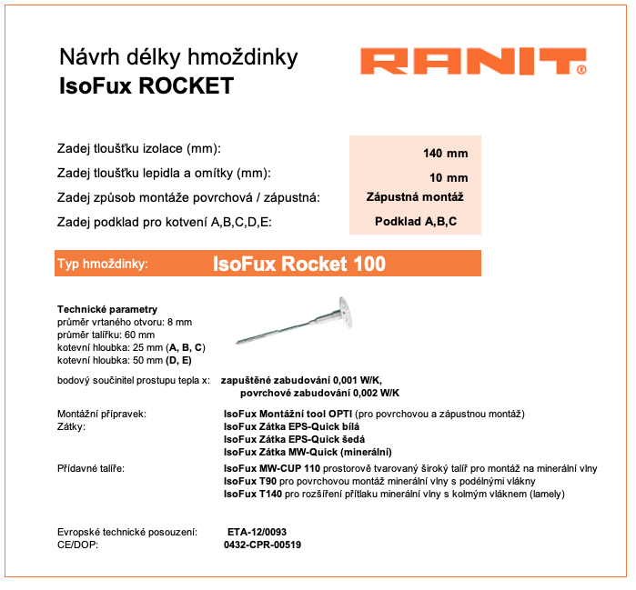 Kalkulátor návrhu a volby hmoždinky IsoFux Rocket