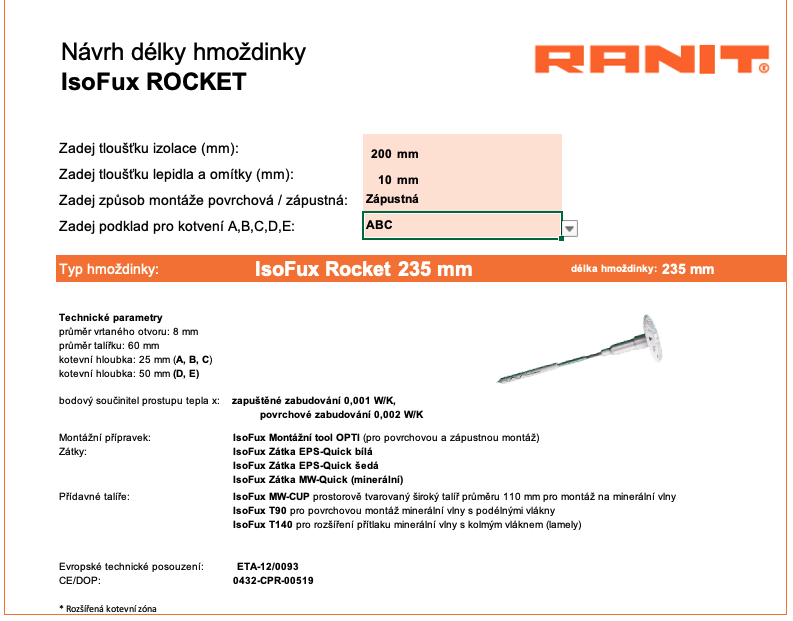 Kalkulátor návrhu a volby hmoždinky IsoFux Rocket